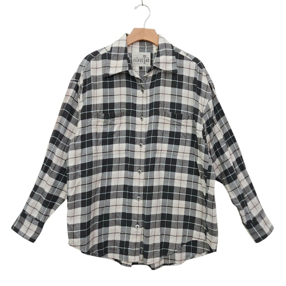 Levi's Silver Tab Flannel Shirt Womens Medium Beige Checked Long Sleeve Cotton